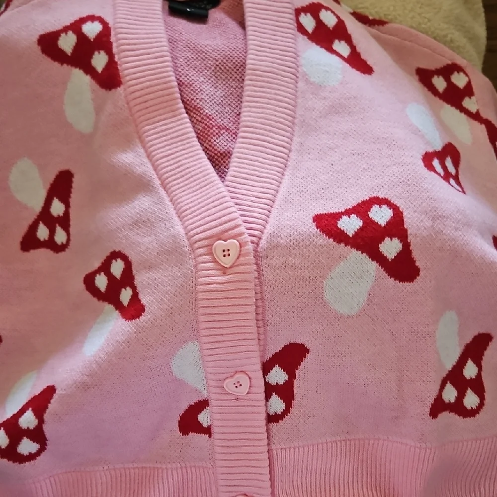 SWEET SOCIETY Pink Mushroom Cardigan with Heart Buttons - L